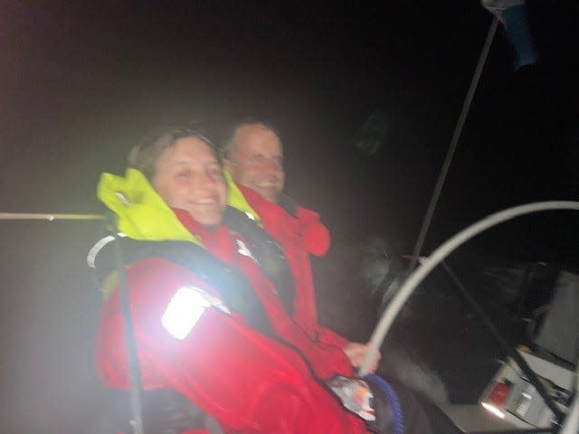 Hannah Sellers and her father, Scott Sellers, shown here on "nosurprise" racing in storm conditions during the Chicago to Mackinac race that ended for them Monday, July 25, 2022. They won their class.