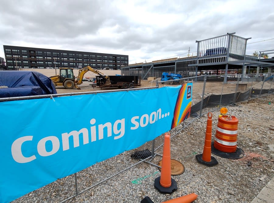 A sign advertises a coming Aldi store in front of a construction site at 1393 Edgehill Rd. (NBC4 Photo/Mark Feuerborn)