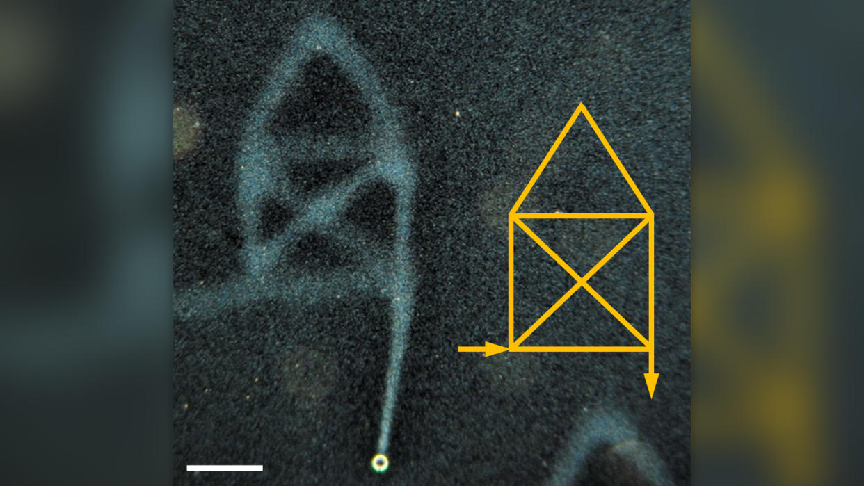  One-line drawing of a complex pattern with rectangular and 45° angles as well as multiple line crossings. The inset shows the intended result (Das Haus vom Nikolaus). 