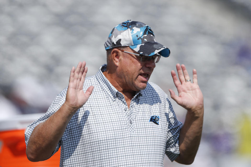 FILE - Carolina Panthers owner David Tepper gestures before an NFL football game between the New York Giants and the Carolina Panthers, Sunday, Sept. 18, 2022, in East Rutherford, N.J. Tepper now finds himself embroiled in a public relations nightmare after a video surfaced of the billionaire allegedly throwing the contents of a drink at a fan from his club suite following a 26-0 loss to the Jacksonville Jaguars on Sunday, Dec. 31, 2023. (AP Photo/Noah K. Murray, File)