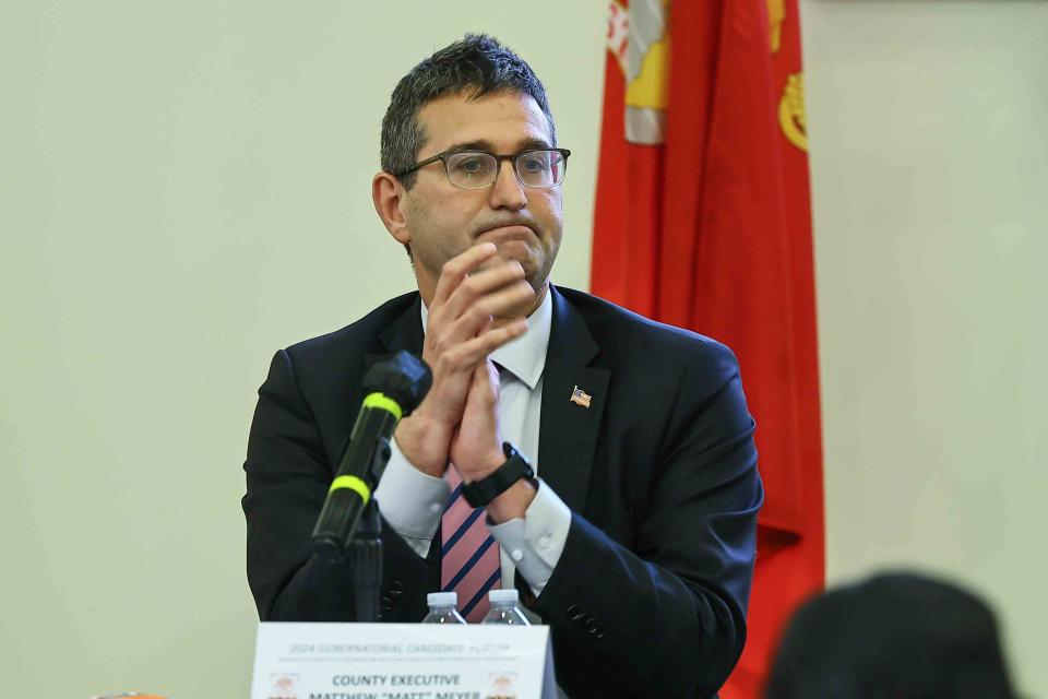 Delaware gubernatorial candidate New Castle County Executive Matt Meyer reacts during the Metropolitan Wilmington Urban League debate on Monday, May 20, 2024, at Canaan Baptist Church in New Castle.