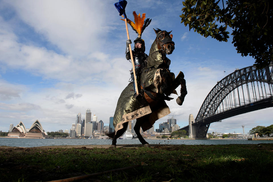 World Medieval Jousting champion Rod Walker on his horse “Crusader” in Sydney