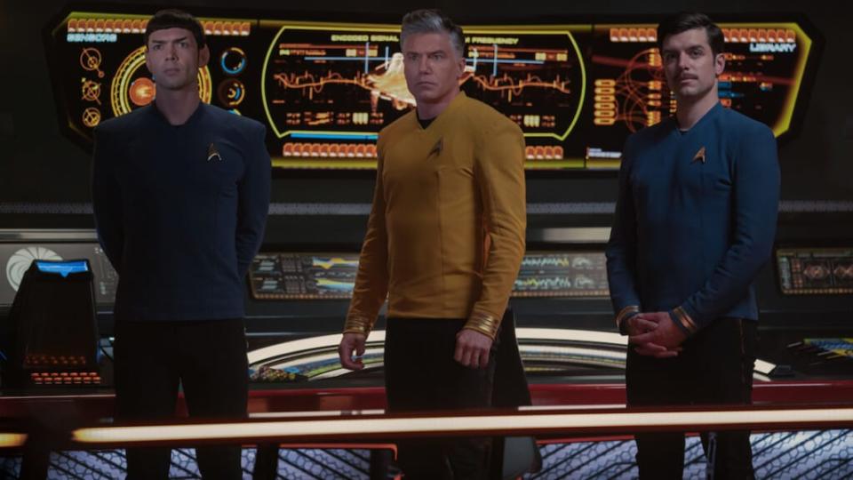 From left, Ethan Peck as Spock, Anson Mount as Pike and Dan Jeannotte as Samuel Kirk in the “Star Trek: Strange New Worlds” season 1 finale. (Marni Grossman/Paramount+)