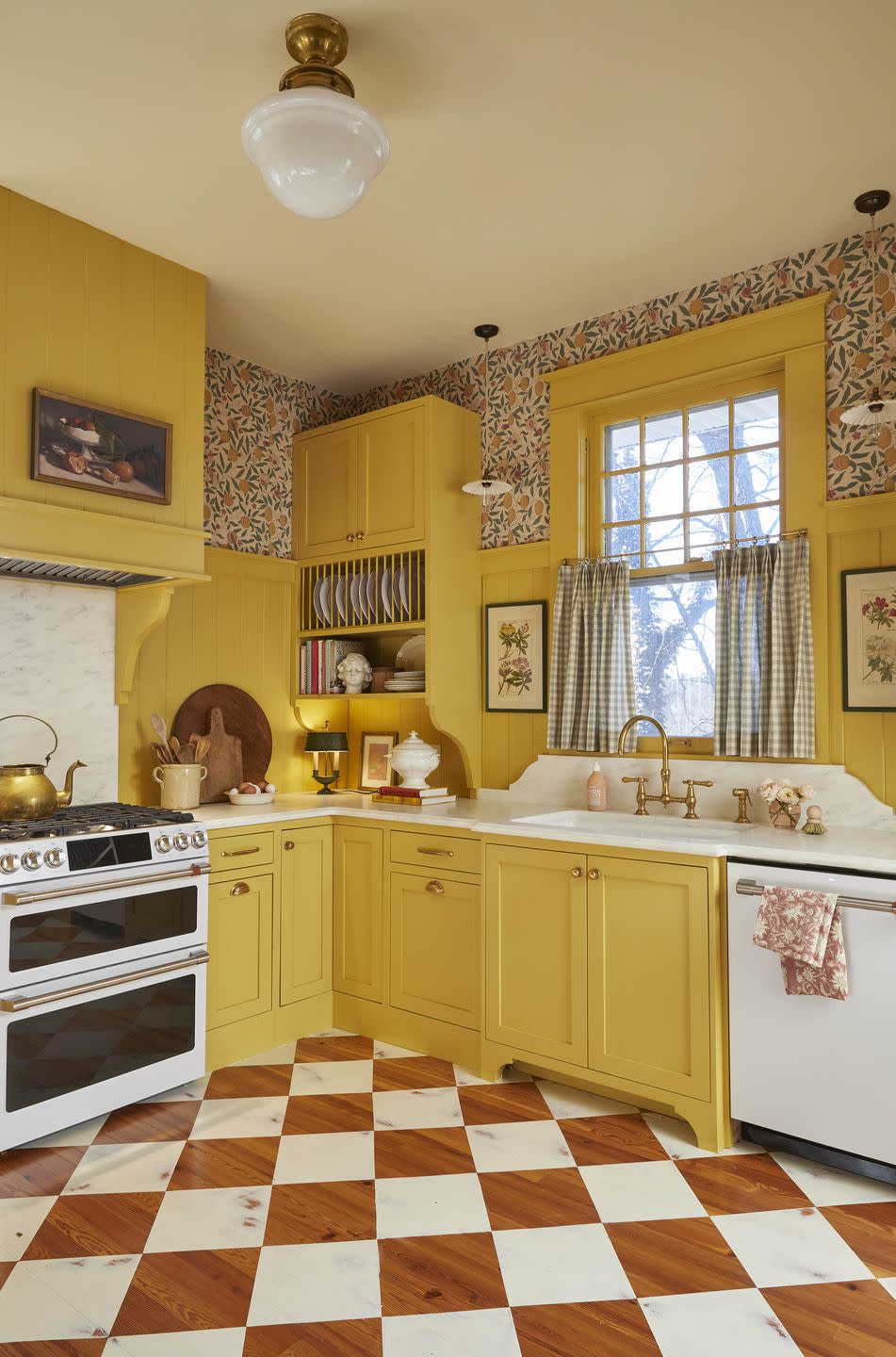 yellow kitchen with wallpaper