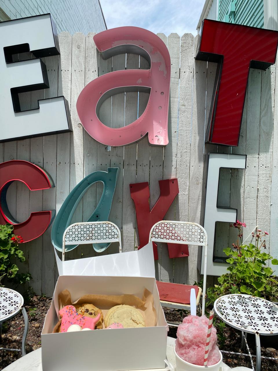 Katiebug's Sips & Sweets also offers cake slices, shaved ice, craft sodas and more to be taken to-go or enjoyed in their decorated yard space.