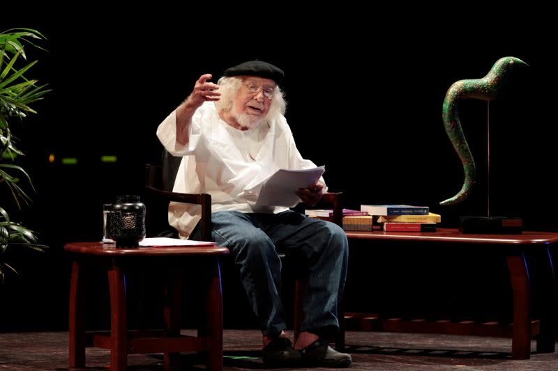 FILE PHOTO: Ernesto Cardenal speaks during a celebration for his 90th birthday at the National Theatre Ruben Dario in Managua