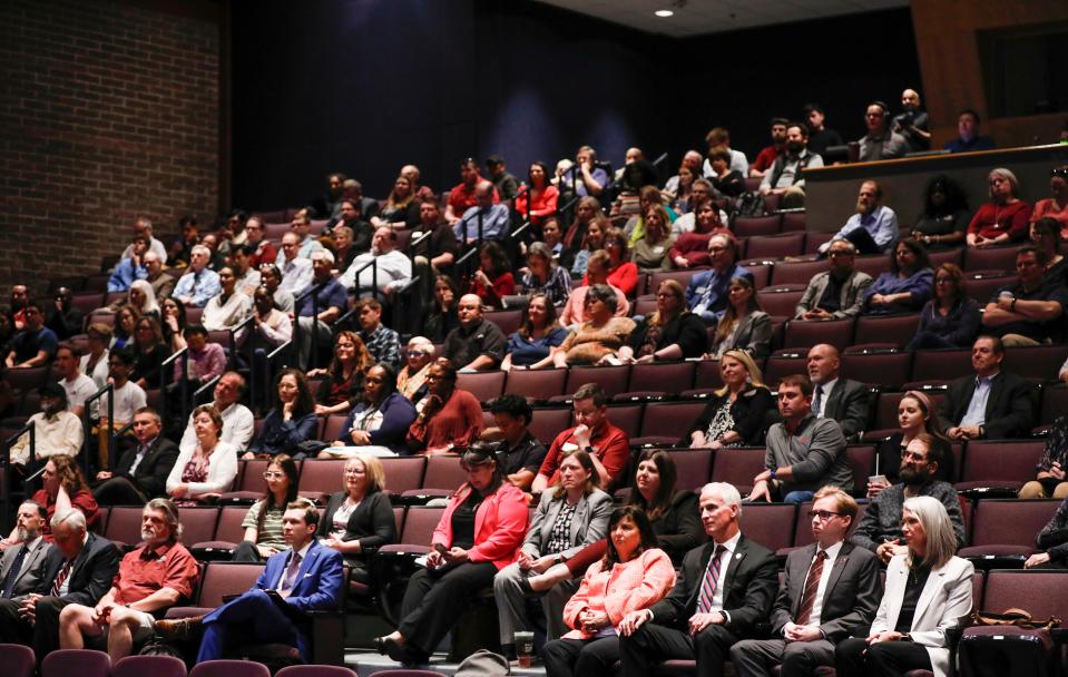 Students, staff, faculty and members of the public came out to hear John Jasinski, a finalist for the Missouri State University president job, answer questions at an open forum in the Plaster Student Union auditorium on Tuesday, Feb. 27, 2024.