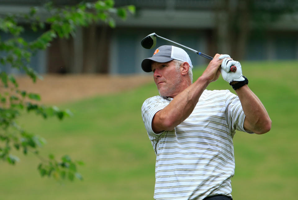 GREER, SC - JUNE 06:  Brett Favre hits his drive on the 12th hole during the first round of the BMW Charity Pro-Am presented by SYNNEX Corporation held at Thornblade Club  on June 6, 2019 in Greer, South Carolina.  (Photo by Michael Cohen/Getty Images)