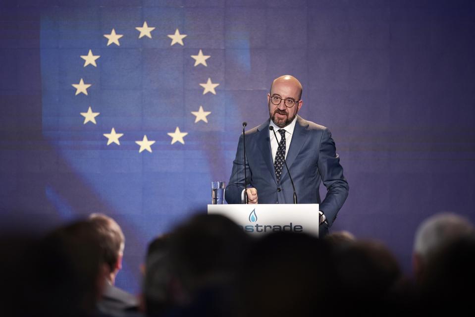 European Council President Charles Michel speaks during a ceremony at the port of Alexandroupolis, northern Greece, Tuesday, May 3, 2022. Top European Union official Charles Michel is joining the leaders of four Balkan countries on a tour of liquefied natural gas facilities being built in northern Greece to challenge Russia's energy dominance in the region. (Dimitris Papamitsos/Greek Prime Minister's Office via AP)