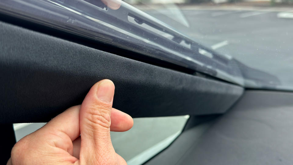 A detail of the trim inside a Tesla Cybertruck.