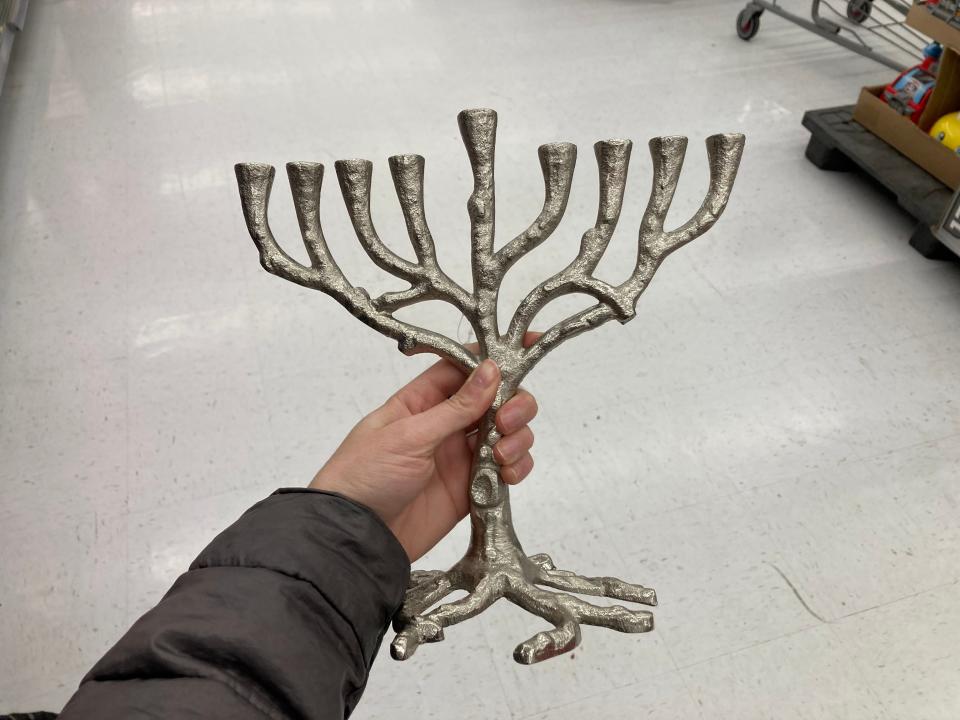 A silver menorah for sale at Walmart.