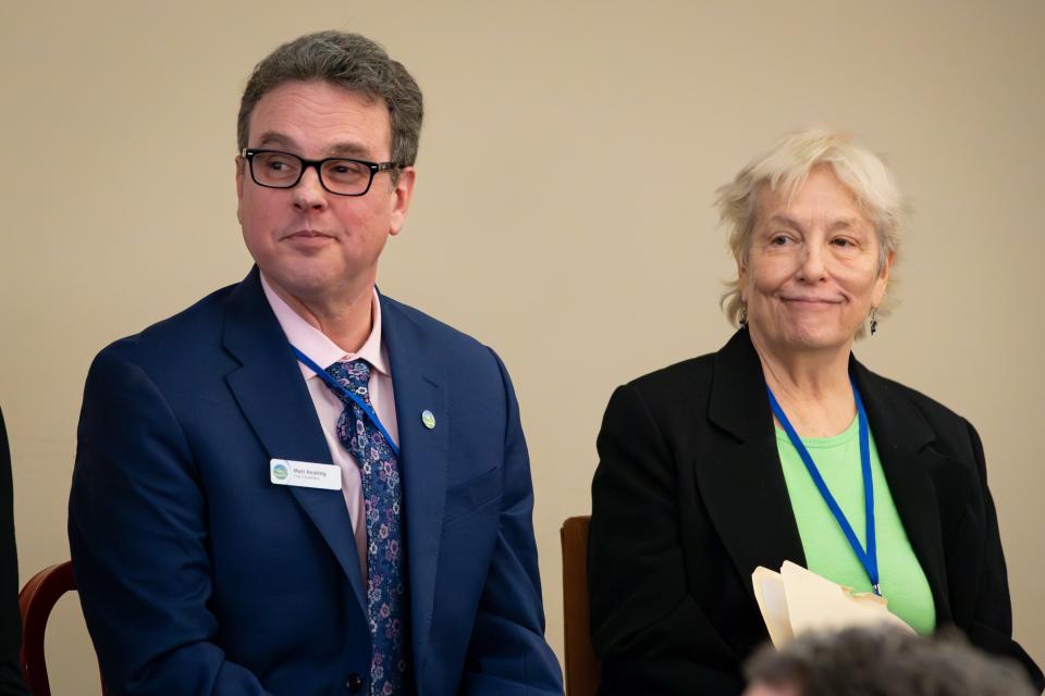 Incumbent Ward 2 city councilor Matt Keating, left, and challenger Lisa Warnes take part in a debate between candidates for Eugene City Council Ward 1 and Ward 2 Friday, March 29, 2024, at a meeting of the City Club of Eugene.