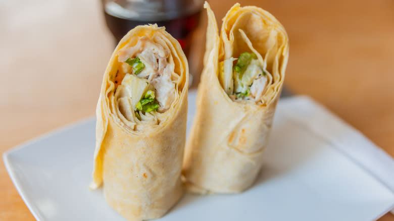 Caesar chicken salad wrap halves