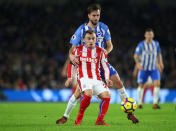 Soccer Football - Premier League - Brighton & Hove Albion vs Stoke City - The American Express Community Stadium, Brighton, Britain - November 20, 2017 Stoke City's Xherdan Shaqiri in action with Brighton’s Davy Propper REUTERS/Hannah McKay