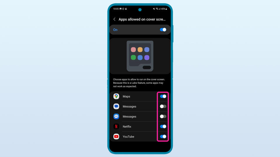 How to Samsung Galaxy Z Flip 5 cover screen apps allowed apps toggles