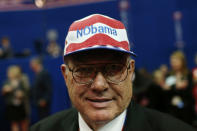 A man wears a hat that reads "NObama" during the Republican National Convention at the Tampa Bay Times Forum on August 28, 2012 in Tampa, Florida. (Photo by Spencer Platt/Getty Images)
