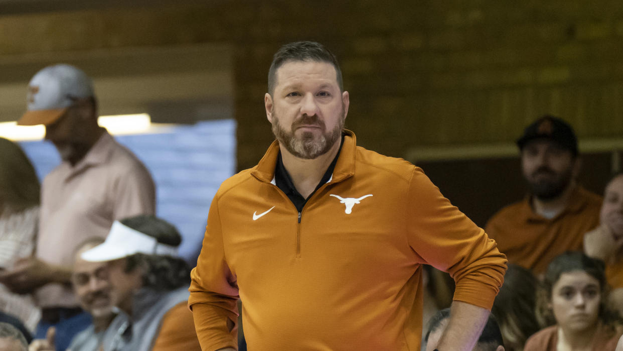 Texas head coach Chris Beard looks on during the first half of an NCAA college basketball game against Texas Rio Grande Valley, Saturday, Nov. 26, 2022, in Austin, Texas. (AP Photo/Michael Thomas)