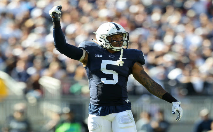 Oct 10, 2015; University Park, PA, USA; Penn State Nittany Lions safety Jordan Lucas (5) reacts during the third quarter against the Indiana Hoosiers at Beaver Stadium. Penn State defeated Indiana 29-7. Mandatory Credit: Matthew O'Haren-USA TODAY Sports