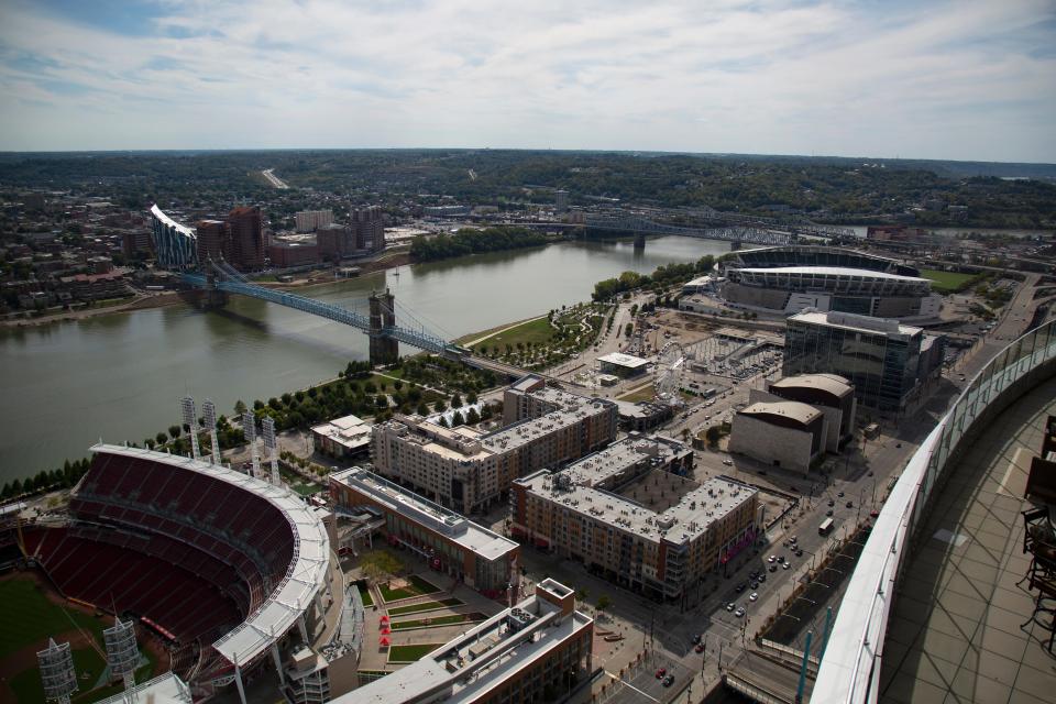 The Ohio River and The Banks as seen from the top of the Great American Tower in downtown Cincinnati on Tuesday, Sept. 24, 2019.