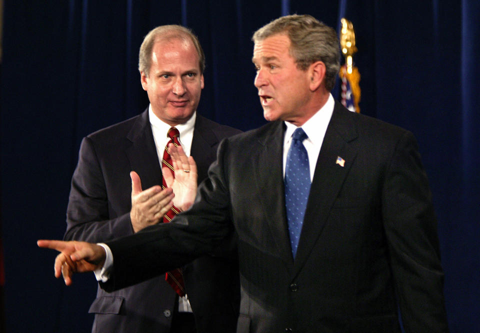 Vin Weber, the former congressman turned lobbyist, pictured with President George W. Bush at the 20th anniversary of the National Endowment for Democracy held at the U.S. Chamber of Commerce. (Photo: Brooks Kraft via Getty Images)