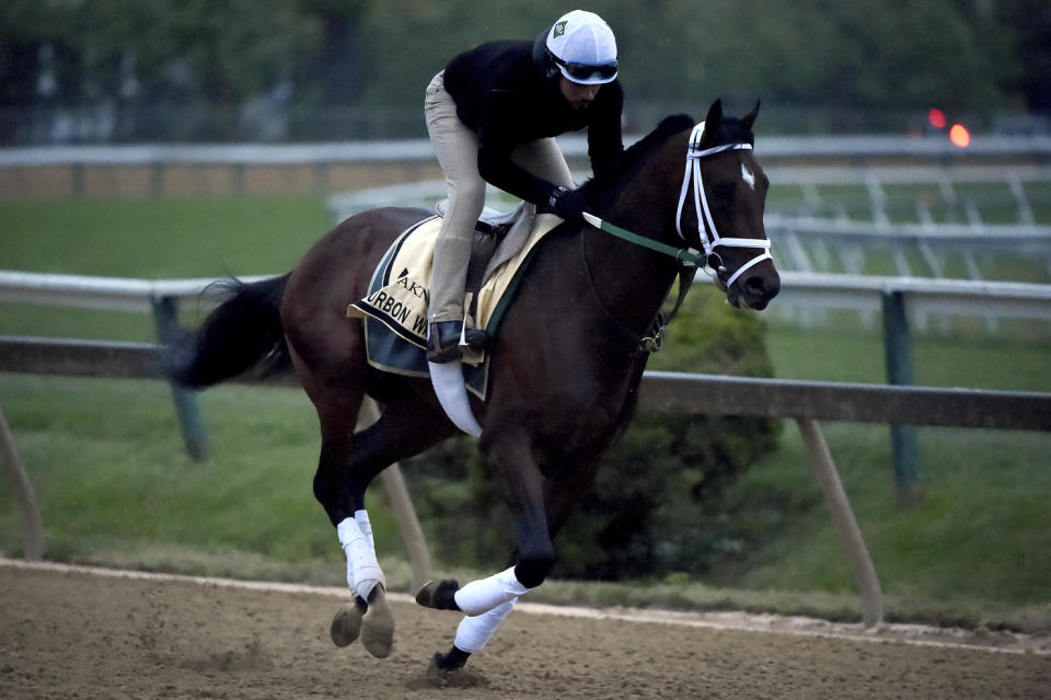 Bourbon War exercises in preparation for the Preakness Stakes horse race, Thursday, May 16, 2019, at Pimlico Race Course in Baltimore. The race is scheduled to take place Saturday, May 18. (AP Photo/Will Newton)