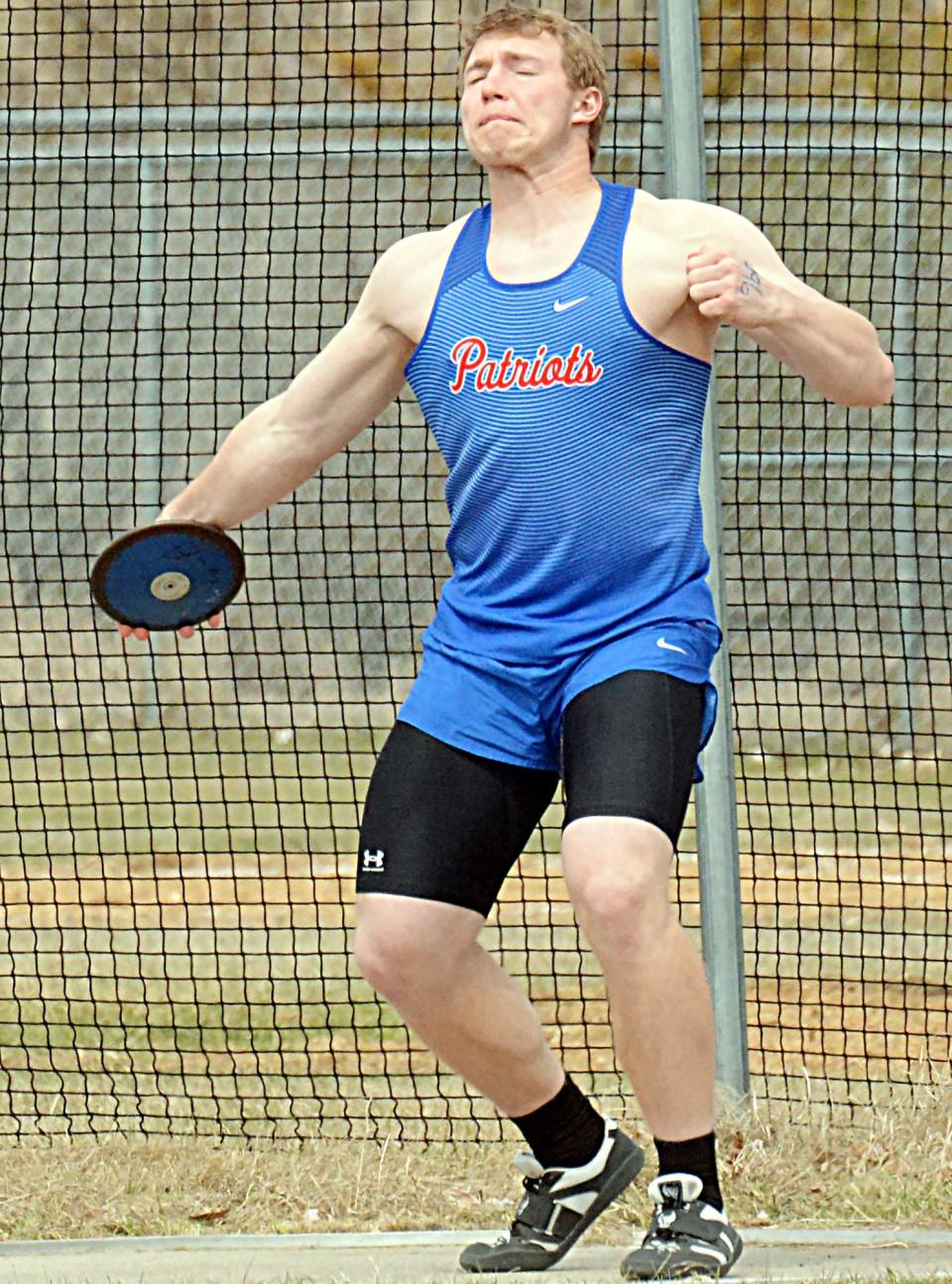 Hitchcock-Tulare's Erik Salmen gets ready to release the discus during the Pat Gilligan Alumni track and field meet on Tuesday, April 25, 2023 in Estelline.