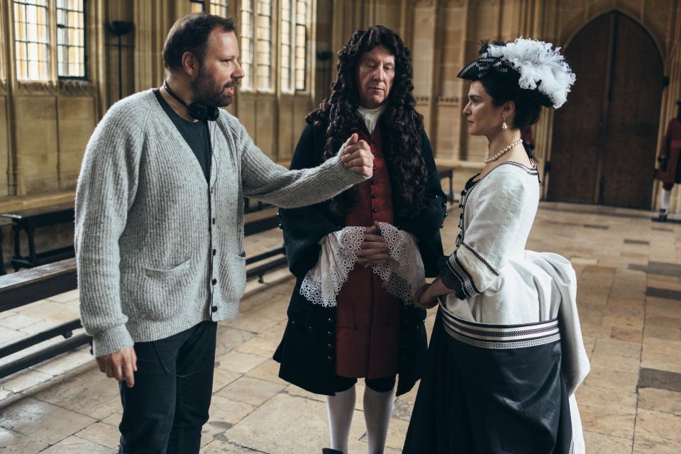 With James Smith and Rachel Weisz on the set of *The Favourite* in 2018.