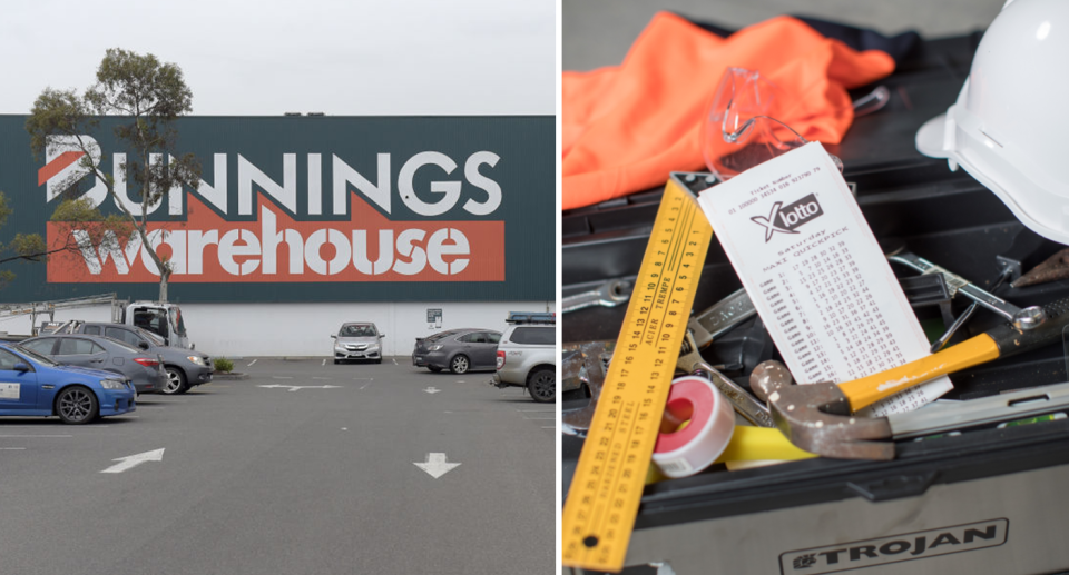 Left, Bunnings warehouse sign on the side of the building after a man made detour from Bunnings during the weekend. Right, a tool box with a lottery ticket inside.