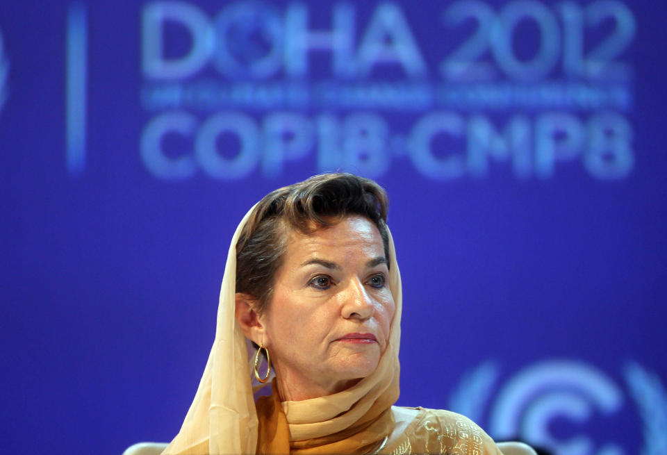 Christiana Figueres, Executive Secretary of the United Nations Framework Convention on Climate Change (UNFCCC) attends the opening session of the United Nations Climate Change conference in Doha, Qatar, Monday, Nov. 26, 2012. U.N. talks on a new climate pact resumed Monday in oil and gas-rich Qatar, where negotiators from nearly 200 countries will discuss fighting global warming and helping poor nations adapt to it. The two-decade-old talks have not fulfilled their main purpose: reducing the greenhouse gas emissions that scientists say are warming the planet. (AP Photo/Osama Faisal)