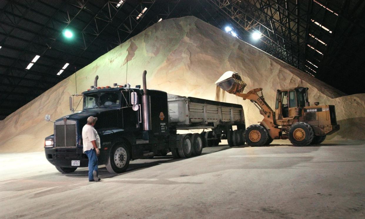 <span>A mountain of raw sugar is stored in a warehouse in Santa Rosa, Texas, in 2005. </span><span>Photograph: Joe Hermosa/AP</span>