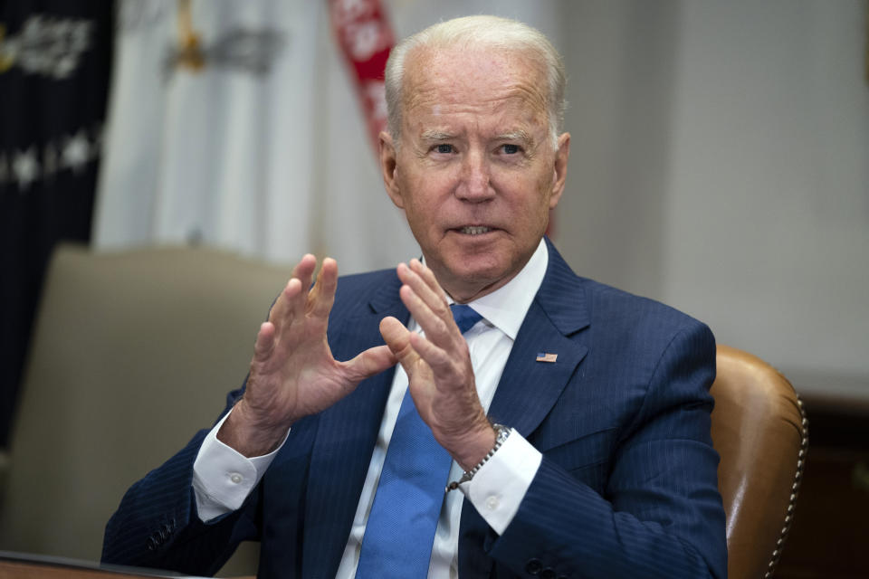 President Joe Biden speaks during a meeting on reducing gun violence, in the Roosevelt Room of the White House, Monday, July 12, 2021, in Washington. (AP Photo/Evan Vucci)