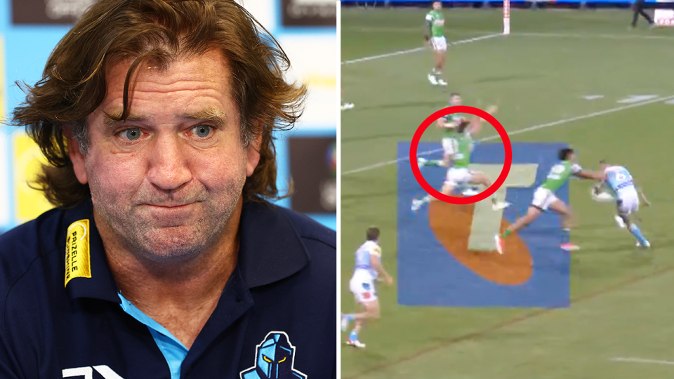 The NRL has confirmed Raiders fullback Chevy Stewart (pictured right) was offside in the charge down of five-eighth Kieran Foran, which left coach Des Hasler frustrated. (Images: Getty Images/@NRL)