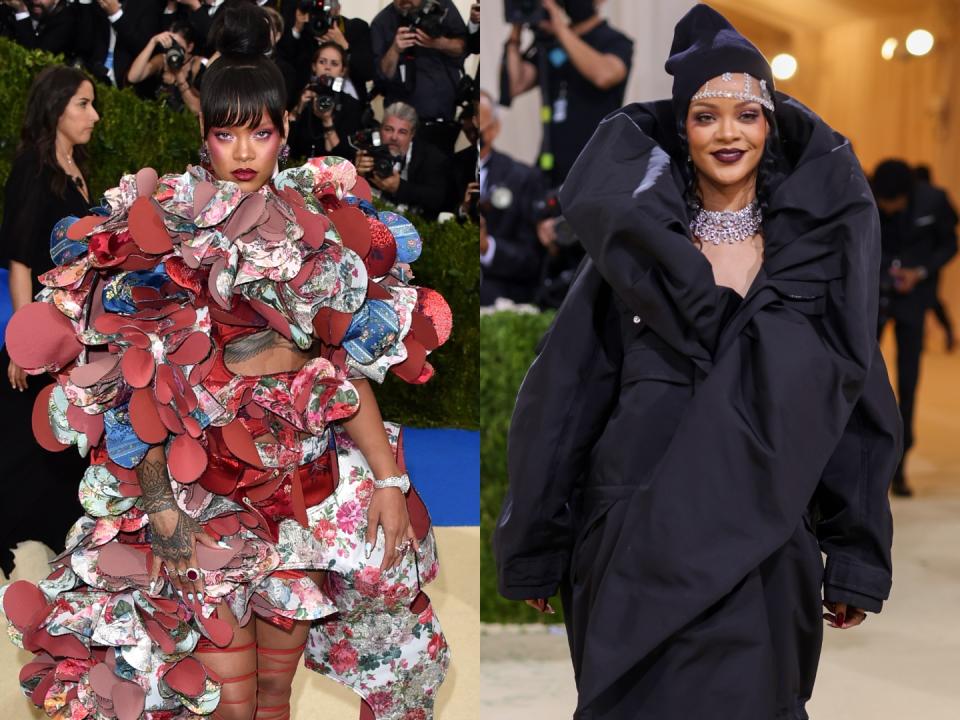 <p> If you purchase an independently reviewed product or service through a link on our website, SheKnows may receive an affiliate commission. </p> <p>While the 2023 Met Gala has already been flooded with controversy, from the ticket price to the theme of the night, many are still expecting a bunch of their fav A-listers to attend in style — including Oscar-nominated songstress Rihanna.</p> <p>Not only has Rihanna arrived in style at every Met Gala she steps foot at, but everyone associates her (and quite a few other A-listers) with that iconic Met scene from Ocean’s 8. Along with that, people were so desperate for her to arrive at the 2022 Met Gala, that in lieu of her attendance, the Metropolitan Museum of Art created a marble statue of her iconic Vogue shoot where she showed off her baby bump, per ABC.</p> <p>In a previous interview per Harper’s Bazaar, when asked about her style, Rihanna said, “The way I dress depends on how I feel. I never have to psych myself up. Usually it just feels like it works.” Forever a confident Queen!</p> <p>From edgy A-line dresses to elaborate, pearl-encrusted ensembles, Rihanna always understands the assignment.</p> <p>In honor of the 2023 Met Gala tonight, let’s take a look back at every single time Rihanna made our jaws drop with her edgy, mesmerizing red carpet fashion.</p> <p>Check out her gorgeous Met Gala looks below:</p>
