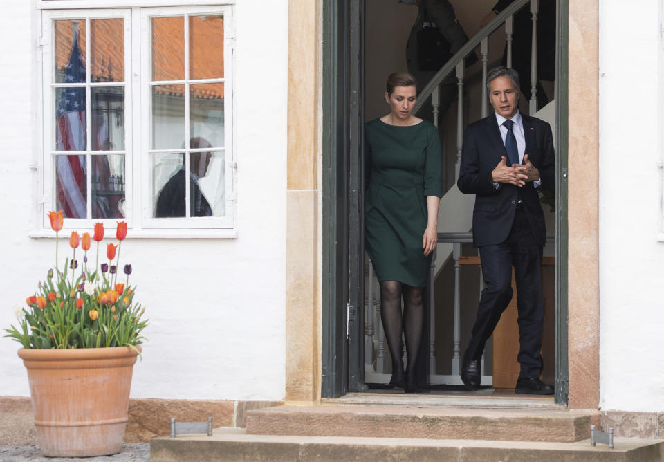 Danish Prime Minister Mette Frederiksen walks with US Secretary of State Antony Blinken as he leaves following meetings at Marienborg, the official residence of the Prime Minister, in Copenhagen, Denmark, May 17, 2021. U.S. Secretary of State Antony Blinken is in Denmark for talks on climate change, Arctic policy and Russia as calls grow for the Biden administration to take a tougher and more active stance on spiraling Israeli-Palestinian violence. (Saul Loeb/Pool photo via AP)