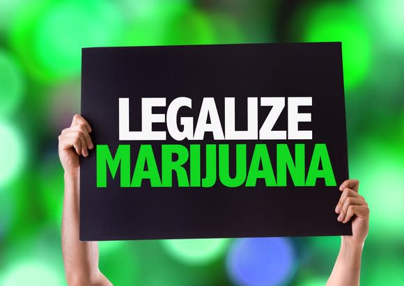 A person holds a sign that reads legalize marijuana.