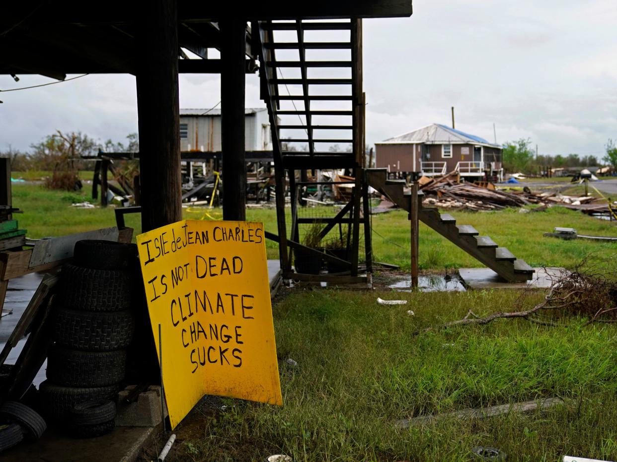 Homes in Isle de Jean Charles, Louisiana, destroyed by Hurricane Ida, Tuesday, Sept. 14, 2021.
