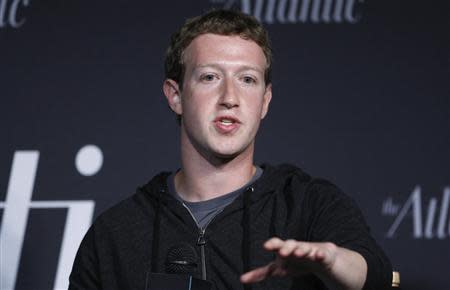 Facebook CEO Mark Zuckerberg delivers remarks in an onstage interview for the Atlantic Magazine in Washington, September 18, 2013. REUTERS/Jonathan Ernst