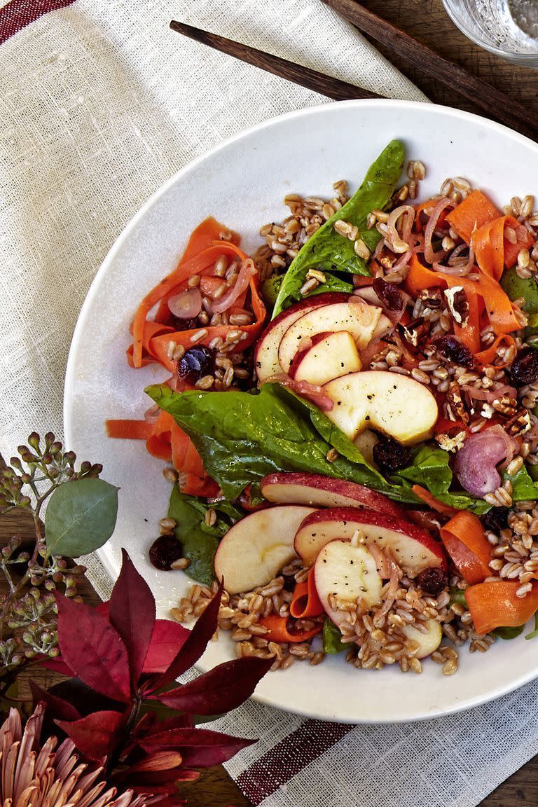 <p>Farro isn't a super common ingredient, but after trying this salad, you'll always want to keep some in your pantry. Packed with crisp apples, zesty arugula, and sweet dried cranberries, you'll definitely be able to fill yourself up on this hearty salad.</p><p><a href="https://www.womansday.com/food-recipes/food-drinks/a23601862/farro-apple-and-carrot-salad-recipe/" rel="nofollow noopener" target="_blank" data-ylk="slk:Get the Farro, Apple, and Carrot Salad recipe.;elm:context_link;itc:0;sec:content-canvas" class="link "><em>Get the Farro, Apple, and Carrot Salad recipe.</em></a></p>