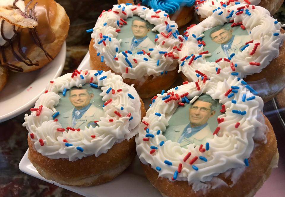 Dr. Anthony Fauci doughnuts are a new offering at Donuts Delite on Culver Rd in Rochester Wednesday, March 25, 2020.