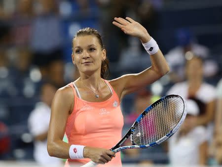Aug 30, 2016; New York, NY, USA; Agnieszka Radwanska of Poland celebrates after recording match point against Jessica Pegula of the United States on day two of the 2016 U.S. Open tennis tournament at USTA Billie Jean King National Tennis Center. Jerry Lai-USA TODAY Sports