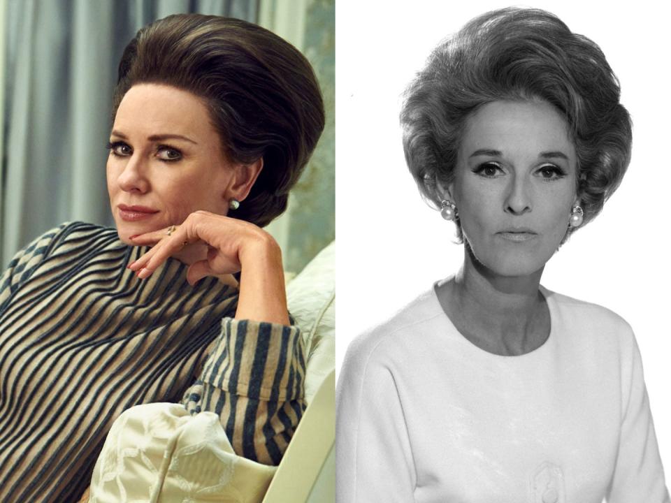 Naomi Watts as Babe Paley in "Feud: Capote vs. The Swans";  Barbara "Babe" Paley in 1967.