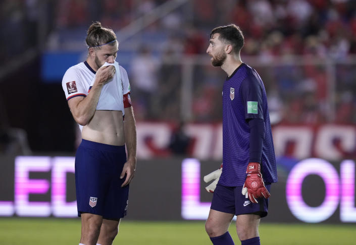 United States´ goalkeeper Matt Turner, right and United State's Walker Zimmerman react after Panama scored a goal during a qualifying soccer match for the FIFA World Cup Qatar 2022 at Rommel Fernandez stadium, Panama city, Panama, Sunday, Oct. 10, 2021. (AP Photo/Arnulfo Franco)