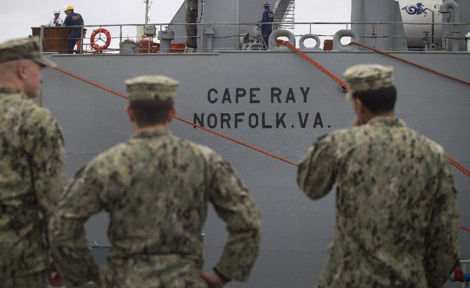 American ship MV Cape Ray is seen docked at Naval Station in Rota, Spain, on Thursday Feb. 13, 2014. The American ship arrived on Thursday at the naval base of Rota on Spain’s southwestern coast used by the U.S. to resupply ahead of an unprecedented mission to collect and destroy mustard gas, raw materials for sarin nerve gas and tons of other highly toxic chemicals that form part of Syria’s chemical weapons program. After leaving Spain, the Cape Ray’s next port of call is expected to be Gioia Tauro in southern Italy, where experts from the Organization for the Prohibition of Chemical Weapons say it will take on board 560 metric tons of chemicals that have been transported from the Syrian port of Latakia in two cargo ships from Denmark and Norway. (AP Photo/Miguel Angel Morenatti)