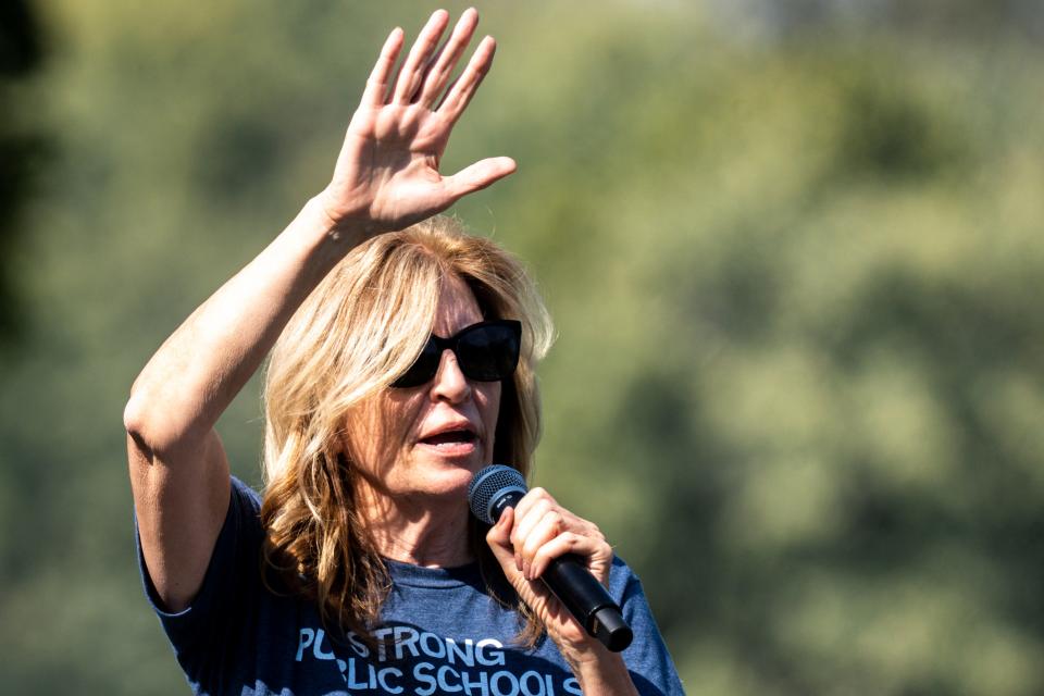 Iowa Democratic Party Chair Rita Hart speaks during the 2023 Polk County Steak Fry at Water Works Park on Saturday, September 30, 2023 in Des Moines.