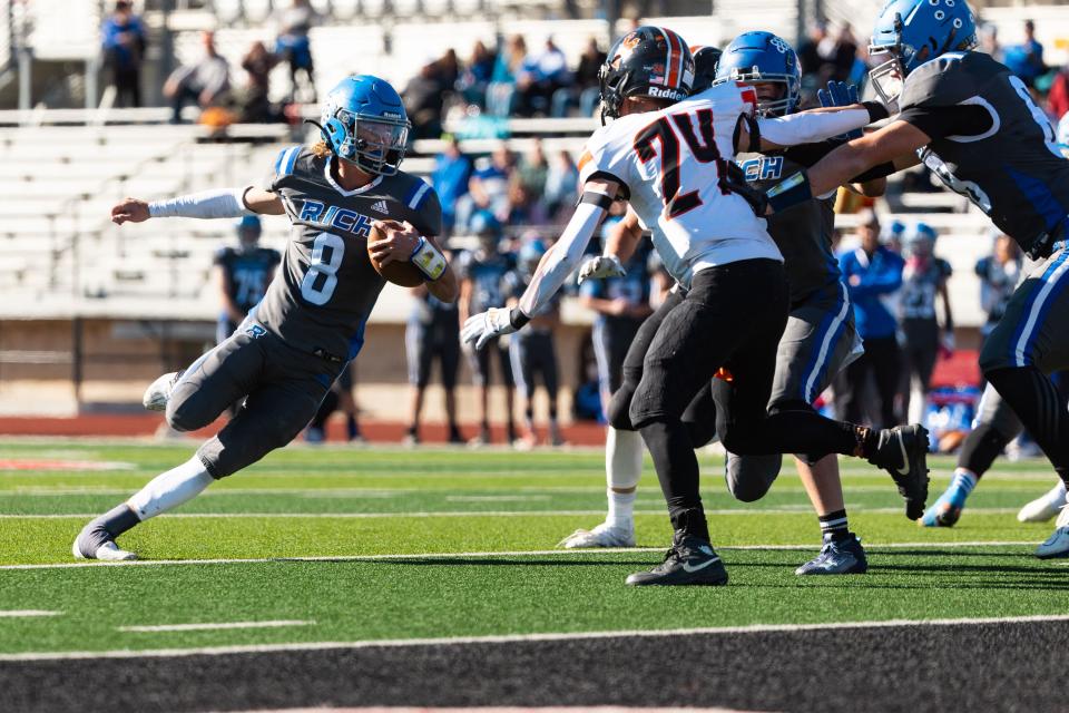 Rich High School’s Carter Hoffman runs the ball into the end zone for a touchdown during the 1A 8-player football state championship agains Monticello High School at Southern Utah University in Cedar City on Saturday, Nov. 11, 2023. | Megan Nielsen, Deseret News