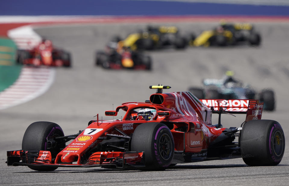 Ferrari driver Kimi Raikkonen, of Finland, drives his car during the Formula One U.S. Grand Prix auto race at the Circuit of the Americas, Sunday, Oct. 21, 2018, in Austin, Texas. (AP Photo/Darren Abate)