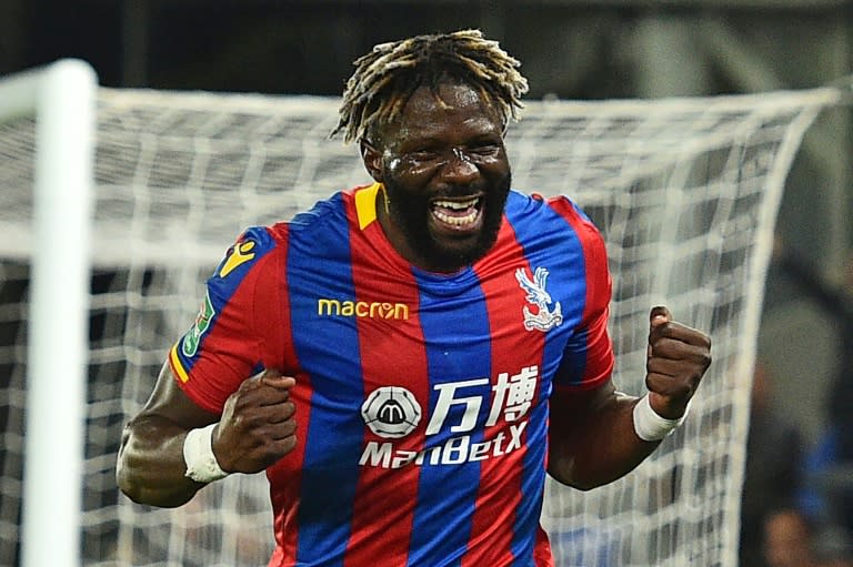 Crystal Palace’s Bakary Sako celebrates after scoring againsy Huddersfield Town during their English League Cup match at Selhurst Park in London, on September 19, 2017