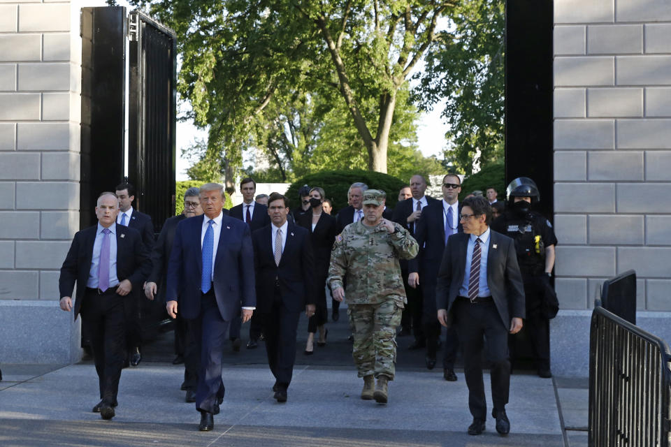 President Donald Trump departs the White House to visit outside St. John's Church, Monday, June 1, 2020, in Washington. Part of the church was set on fire during protests on Sunday night. (AP Photo/Patrick Semansky)