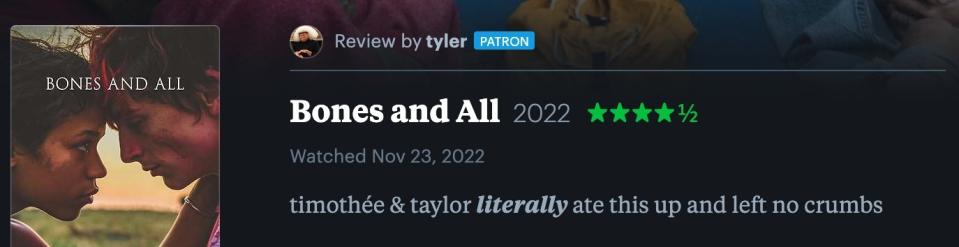 4.5 star Letterboxd review for "Bones And All"