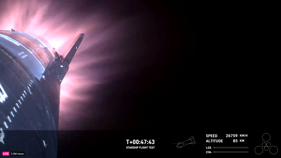 SpaceX's Flight 3 Starship rocket glows red as it heats up during reentry during a test flight on March 14, 2024.